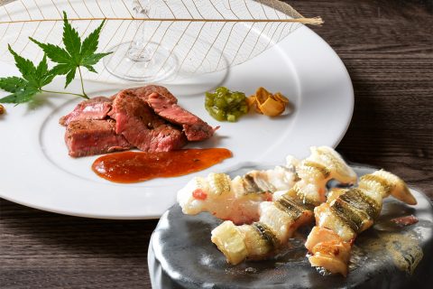広島牛ステーキと穴子の石焼き
